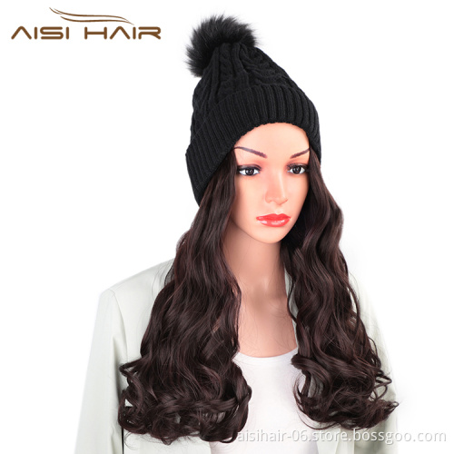 Aisi Hair Dark Brown Synthetic Long Wavy Cosplay Party Knit Slouchy Hat Fiber Hair Extension With Cap For Black White Women